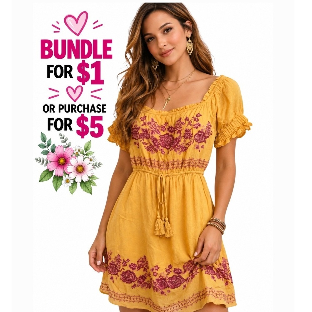 Andree by UNIT Womens Mustard Yellow Floral Embroidered Boho Peasant Dress Small